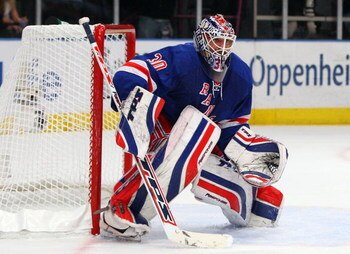 NEW YORK - APRIL 22:  Henrik Lundqvist #30 of the New York Rangers skates against the Washington Capitals during Game Four of the Eastern Conference Quarterfinal Round of the 2009 NHL Stanley Cup Playoffs on April 22, 2008 at Madison Square Garden in New 