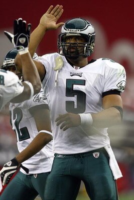 GLENDALE, AZ - JANUARY 18:  Quarterback Donovan McNabb #5 of the Philadelphia Eagles reacts during the NFC championship game against the Arizona Cardinals on January 18, 2009 at University of Phoenix Stadium in Glendale, Arizona.  (Photo by Jamie Squire/G