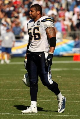 SAN DIEGO - SEPTEMBER 07:  Linebacker Shawne Merriman #56 of the San Diego Chargers reacts after the Carolina Panthers scored the winning touchdown on the final play on September 7, 2008 at Qualcomm Stadium in San Diego, California. The Panthers won 26-24