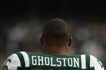 EAST RUTHERFORD, NJ - NOVEMBER 09: Vernon Gholston #56 of the New York Jets on the sideline against the St. Louis Rams at Giants Stadium on November 9, 2008 in East Rutherford, New Jersey. (Photo by Nick Laham/Getty Images) 