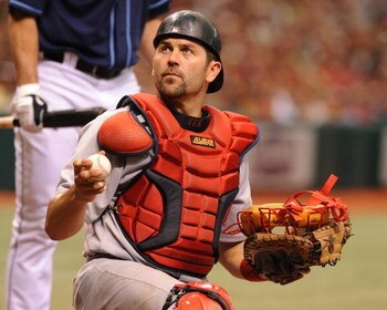 ST. PETERSBURG, FL - MAY 3: Catcher Jason Varitek #33 of the Boston Red Sox looks for a new ball against the Tampa Bay Rays May 3, 2009 at Tropicana Field in St. Petersburg, Florida. (Photo by Al Messerschmidt/Getty Images)