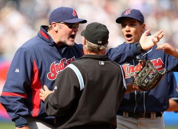 NEW YORK - APRIL 19:  Cleveland Indians manager Eric Wedge and Grady Sizemore #24 argue with the umpire about a pinch hit two-run home run by Jorge Posada of the New York Yankees in the seventh inning of their game against the Cleveland Indians at Yankee 