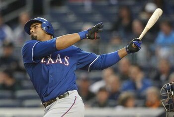 NEW YORK - JUNE 03:  Nelson Cruz #17 of the Texas Rangers bats against the New York Yankees on June 3, 2009 at Yankee Stadium in the Bronx borough of New York City.  (Photo by Nick Laham/Getty Images)