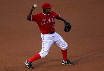 ANAHEIM, CA - JULY 08:  Third baseman Chone Figgins #9 of the Los Angeles Angels of Anaheim in the field against the Texas Rangers on July 8, 2009 at Angel Stadium in Anaheim, California.  The Rangers won 8-1.  (Photo by Stephen Dunn/Getty Images)