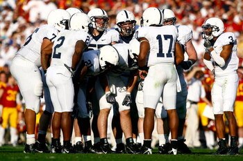 PASADENA, CA - JANUARY 01:  Quarterback Daryll Clark #17 of the Penn State Nittany Lions huddles with the offense in the first half against the USC Trojans during the 95th Rose Bowl Game presented by Citi on January 1, 2009 at the Rose Bowl in Pasadena, C