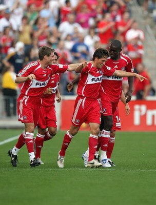 BRIDGEVIEW, IL - OCTOBER 21:  John Thorrington #11 of the Chicago Fire celebrates his late second-half goal with teammates against the Los Angeles Galaxy during their MLS match on October 21, 2007 at Toyota Park in Bridgeview, Illinois.  The Fire defeated