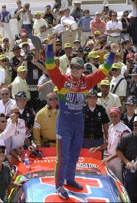1 Aug 1998:  Jeff Gordon celebrates following the NASCAR Brickyard 400 at the Indianapolis Motor Speedway in Indianapolis, Indiana. Mandatory Credit: David Taylor  /Allsport