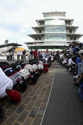 INDIANAPOLIS - AUGUST 3:  Kevin Harvick and the #29 RCR GM Goodwrench Chevrolet team kiss the famed strip of bricks beneath the Pagoda after winning the NASCAR Winston Cup Brickyard 400 on August 3, 2003 at the Indianapolis Motor Speedway in Indianapolis,
