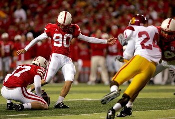 LINCOLN, NE - SEPTEMBER 15:  Alex Henry #90 of the Nebraska Cornhuskers kicks a field goal against the USC Trojans on September 15, 2007 at Memorial Stadium in Lincoln, Nebraska.  (Photo by Matthew Stockman/Getty Images)