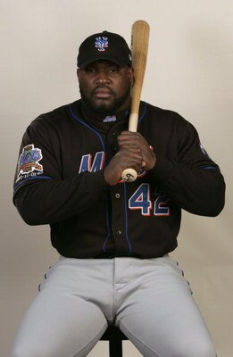 PORT ST. LUCIE, FL - FEBRUARY 25: Mo Vaughn of the New York Mets poses for a portrait during media day at Thomas J. White Stadium on February 25, 2003 in Port St. Lucie, Florida.  (Photo by Fernando Medina/Getty Images) 