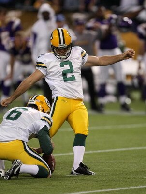 MINNEAPOLIS - NOVEMBER 09:  Kicker Mason Crosby #2 of the Green Bay Packers atttempts a field goal against the Minnesota Vikings on November 9, 2008 at the Metrodome in Mineapolis, Minnesota.  The Vikings won 28-27.  (Photo by Stephen Dunn/Getty Images)