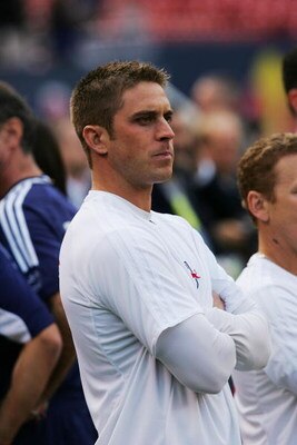 EAST RUTHERFORD, NJ - APRIL 05:  New York Jets Kicker Mike Nugent looks on during thre celebrity game prior to the Columbus Crew and New York Red Bulls game at Giants Stadium in the Meadowlands on April 5, 2008 in East Rutherford, New Jersey  (Photo by Ch