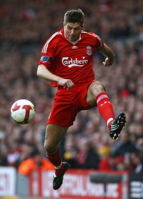 LIVERPOOL, UNITED KINGDOM - MARCH 22:  Steven Gerrard of Liverpool in action during the Barclays Premier League match between Liverpool and Aston Villa at Anfield on March 22, 2009 in Liverpool, England.  (Photo by Alex Livesey/Getty Images)