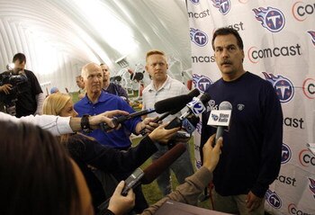 NASHVILLE, TN - MAY 1: Jeff Fisher, head coach of the Tennessee Titans addresses the media during the Tennessee Titans Minicamp on May 1, 2009 at Baptist Sports Park in Nashville, Tennessee. (Photo by Joe Murphy/Getty Images)