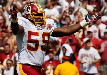 WASHINGTON - SEPTEMBER 09: Linebacker London Fletcher #59 of the Washington Redskins celebrates after a key play in second quarter action against the Miami Dolphins at FedEx Field September 9, 2007 in Landover, Maryland. The Redskins defeated the Miami Do