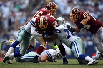 IRVING, TX - SEPTEMBER 28:  Running back Ladell Betts #46 of the Washington Redskins is tackled by Stephen Bowen #72 of the Dallas Cowboys at Texas Stadium on September 28, 2008 in Irving, Texas.  (Photo by Ronald Martinez/Getty Images)