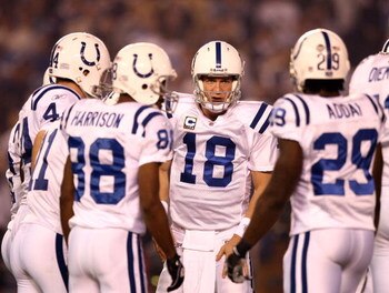 SAN DIEGO, CA - NOVEMBER 23:   Quarterback Peyton Manning #18 of the Indianapolis Colts in action against the San Diego Chargers during their NFL Game at Qualcomm Stadium on November 23, 2008 in San Diego, California. (Photo by Donald Miralle/Getty Images