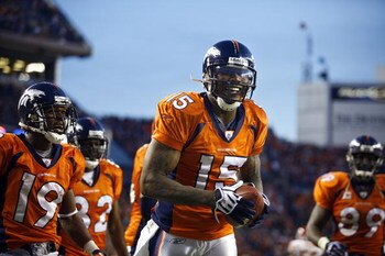 DENVER - DECEMBER 7: Wide reiver Brandon Marshall #15 of the Denver Broncos was all smiles after catching the game winning touchdown against the Kansas City Chiefs during the fourth quarter of week 14 NFL action at Invesco Field at Mile High on December 7
