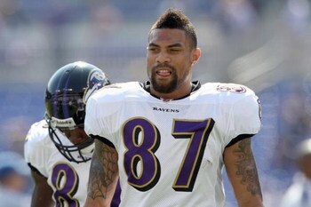 BALTIMORE - OCTOBER 5:  Demetrius Williams #87 of the Baltimore Ravens walks on the field before the game against the Tennessee Titans on October 5, 2008 at M&T Bank Stadium in Baltimore, Maryland. (Photo by: Nick Laham/Getty Images)