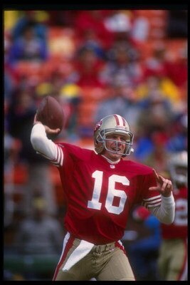 9 Jan 1993: Quarterback Joe Montana of the San Francisco 49ers throws the ball during a playoff game against the Washington Redskins at Candlestick Park in San Francisco, California. The 49ers won the game, 20-13.