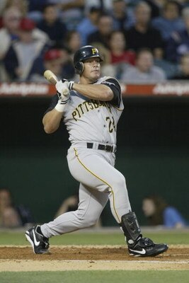 ANAHEIM, CA - JUNE 11:  Leftfielder Brian Giles #24 of the Pittsburgh Pirates swings the bat against the Anaheim Angels during the MLB game at Edison Field in Anaheim, California on June 11, 2002. The Pirates defeated the Angels 7-3.  (Photo by Jeff Gross