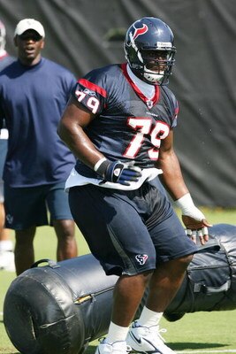 HOUSTON - MAY 09: Rookie defensive tackle Frank Okam #79 of the Houston Texans runs drills during a morning practice session May 9, 2008 in Houston, Texas.  (Photo by Bob Levey/Getty Images)