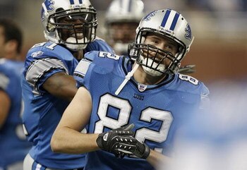 DETROIT , MI - DECEMBER 23:  Casey FitzSimmons #82 of the Detroit Lions celebrates with Calvin Johnson #81 after blocking a first quarter put against the Kansas City Chiefs on December 23, 2007 at Ford Field in Detroit, Michigan. Detroit won the game 25-2