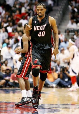 ATLANTA - APRIL 22:  Udonis Haslem #40 of the Miami Heat celebrates after hitting a basket late in the game against the Atlanta Hawks during Game Two of the Eastern Conference Quarterfinals at Philips Arena on April 22, 2009 in Atlanta, Georgia. The Heat 