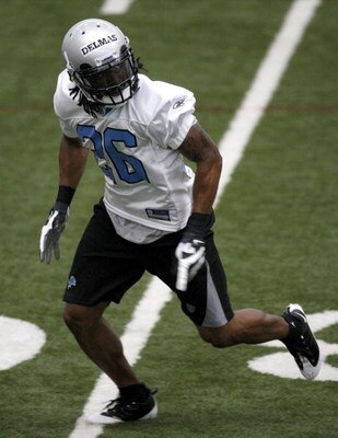 ALLEN PARK, MI - MAY 01:  Louis Delmas #26 of the Detroit Lions looks for a pass during rookie orientation camp at the Detroit Lions Headquarters and Training Facility on May 1, 2009 in Allen Park, Michigan.  (Photo by Gregory Shamus/Getty Images)