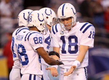 SAN DIEGO - JANUARY 03:  Wide receiver Marvin Harrison #88 of the Indianapolis Colts warms up with quaterback Peyton Manning #18 prior to the AFC Wild Card Game against the San Diego Chargers on January 3, 2009 at Qualcomm Stadium in San Diego, California