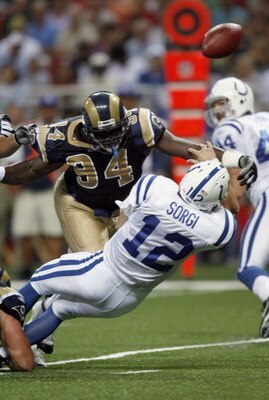ST. LOUIS - AUGUST 10:  Quarterback Jim Sorgi #12 of the Indianapolis Colts tries for a pass as he is sacked by Victor Adeyanju #94 of the St. Louis Rams at the Edward Jones Dome on August 10, 2006 in St. Louis, Missouri. (Photo by: Dilip Vishwanat/Getty 