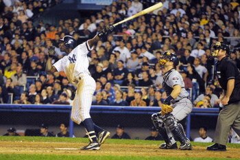 20 Oct 2001:  Alfonso Soriano of the New York Yankees hits the game winning home run in the bottom of the ninth inning defeating the Seattle Mariners 3-1 in game 4 of the American League Championship Series  at Yankee Stadium, in the Bronx, New York. Digi