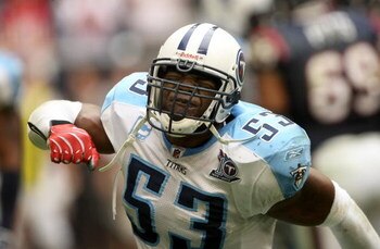 HOUSTON - DECEMBER 14:  Linebacker Keith Bullock #53 of the Tennessee Titans reacts to defeat in the closing seconds of the game with the Houston Texans on December 14, 2008 at Reliant Stadium in Houston, Texas.  The Texans won 13-12.  (Photo by Stephen D