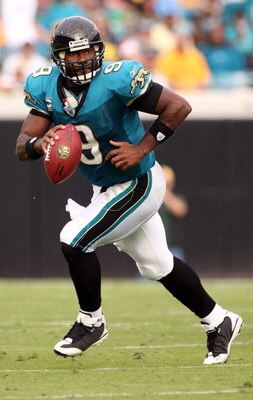 JACKSONVILLE, FL - DECEMBER 14:  David Garrard #9 of the Jacksonville Jaguars scrambles for yardage during the game against the Green Bay Packers at Jacksonville Municipal stadium on December 14, 2008 in Jacksonville, Florida.  (Photo by Sam Greenwood/Get