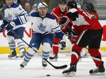 TORONTO - APRIL 11:  Niklas Hagman #9 of the Toronto Maple Leafs gets set to block a shot in a game against the Ottawa Senators on April 11, 2009 at the Air Canada Centre in Toronto, Ontario. The Leafs defeated the Senators on the strength of a 3 goal per