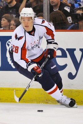 PITTSBURGH - MAY 08:  Forward Alexander Semin #28 of the Washington Capitals skates with the puck against the Pittsburgh Penguins during Game Four of the Eastern Conference Semifinal Round of the 2009 Stanley Cup Playoffs at Mellon Arena on May 8, 2009 in