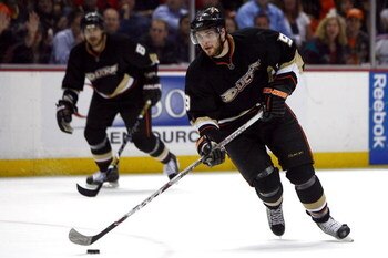 ANAHEIM, CA - MAY 12:  Bobby Ryan #9 of the Anaheim Ducks moves the puck against the Detroit Red Wings during Game Six of the Western Conference Semifinal Round of the 2009 Stanley Cup Playoffs at the Honda Center on May 12, 2009 in Anaheim, California. (