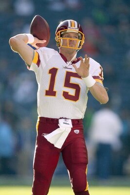 SEATTLE - NOVEMBER 23:  Quarterback Todd Collins #15 of the Washington Redskins warms up before the game against the Seattle Seahawks on November 23, 2008 at Qwest Field in Seattle, Washington. (Photo by Otto Greule Jr/Getty Images)