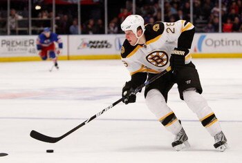 NEW YORK - MARCH 08:  Blake Wheeler #26 of the Boston Bruins skates with the puck against the New York Rangers on March 8, 2009 at Madison Square Garden in New York City, New York.  (Photo by Nick Laham/Getty Images)