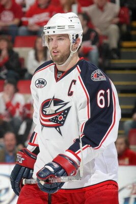 DETROIT - APRIL 16:  Rick Nash #61 of the Columbus Blue Jackets skates on the ice against the Detroit Red Wings during Game One of the Western Conference Quarterfinals of the 2009 Stanley Cup Playoffs on April 16, 2009 at Joe Louis Arena in Detroit, Michi