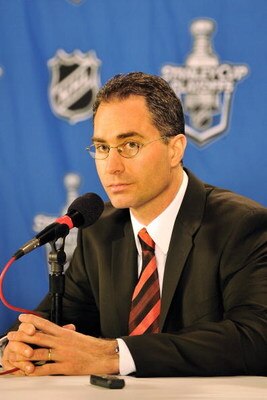 PITTSBURGH - APRIL 15:  Head coach John Stevens of the Philadelphia Flyers speaks to the media after the Pittsburgh Penguins defeated the Flyers 4-1 in game one of the 2009 Eastern Conference quarterfinals at Mellon Arena on April 15, 2009 in Pittsburgh, 