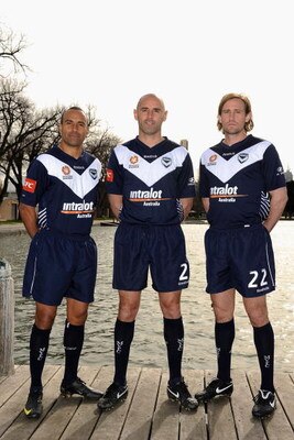 MELBOURNE, AUSTRALIA - JULY 24:  Archie Thompson, Kevin Muscat and Nick Ward of the Victory pose during the Melbourne Victory A-League television commercial shoot at Albert Park Lake on July 24, 2009 in Melbourne, Australia.  (Photo by Robert Cianflone/Ge