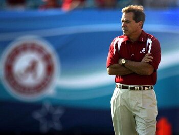 JACKSONVILLE, FL - SEPTEMBER 29:  University of Alabama coach Nick Saban directs his team prior to taking on Florida State University September 29, 2007 at Jacksonville Municipal Stadium in Jacksonville, Florida.  (Photo by Marc Serota/Getty Images)
