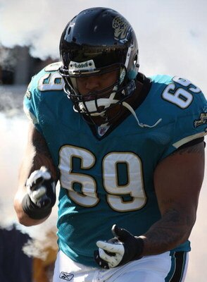 JACKSONVILLE, FL - OCTOBER 26: Khalif Barnes #69 of the Jacksonville Jaguars in a game at Jacksonville Muncipal Stadium on October 26, 2008 in Jacksonville, Florida.  (Photo by Sam Greenwood/Getty Images)