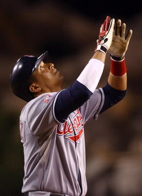 ANAHEIM, CA - JULY 27:  Victor Martinez #41 of the Cleveland Indians celebrates after hitting a three-run home run in the ninth inning against the Los Angeles Angels of Anaheim at Angel Stadium on July 27, 2009 in Anaheim, California. The Indians defeated