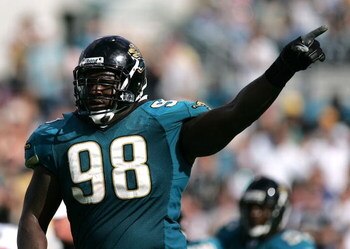JACKSONVILLE, FL - NOVEMBER 06:  Defensive tackle John Henderson #98 of the Jacksonville Jaquars celebrates after his team recovered a fumble against the Houston Texans on November 6, 2005 at Alltel Stadium in Jacksonville, Florida. The Jaguars defeated t