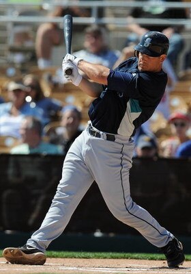 GLENDALE, AZ - MARCH 07:   Jeff Clement #9 of the Seattle Mariners bats during a Spring Training game against the Los Angeles Dodgers at Camelback Ranch on March 7, 2009 in Glendale, Arizona.  (Photo by Lisa Blumenfeld/Getty Images)