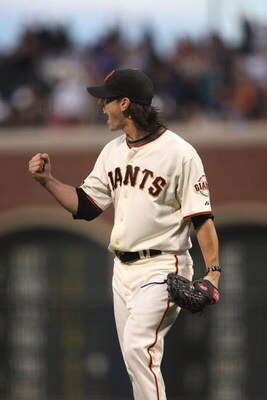 SAN FRANCISCO - AUGUST 01:  Tim Lincecum #55 of the San Francisco Giants reacts after getting the last out in the 8th inning against the Philadelphia Phillies during a Major League Baseball game at AT&T Park on August 1, 2009 in San Francisco, California.