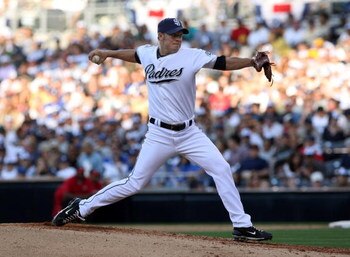 SAN DIEGO - APRIL 06:  Pitcher Jake Peavy #44 of the San Diego Padres throws a pitch against the Los Angeles Dodgers on April 6, 2009 at Petco Park in San Diego, California.  The Dodgers won 4-1.  (Photo by Stephen Dunn/Getty Images)