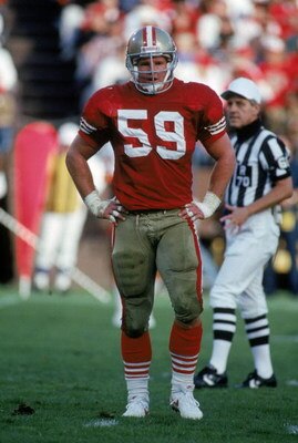 SAN FRANCISCO - NOVEMBER 18:  Inside linebacker Keith DeLong #59 of the San Francisco 49ers stands on the field during a game against the Tampa Bay Buccaneers at Candlestick Park on November 18, 1990 in San Francisco, California.  The 49ers won 31-7.  (Ph